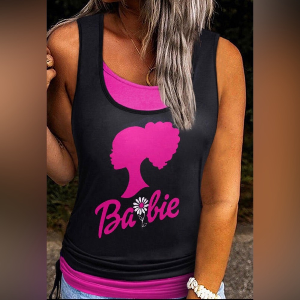 BARBIE layered tank top black/pink. Can fit size 12-16 easily. Flattering!